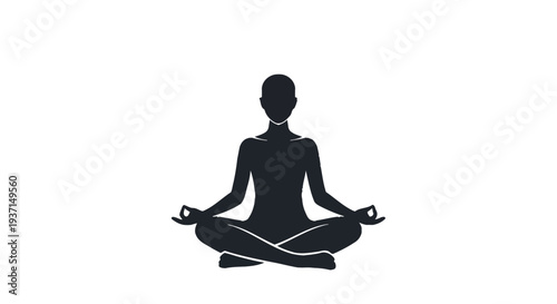 Silhouette of a person sitting in the lotus yoga pose demonstrating concentration and inner peace against a plain white background for wellness concepts.