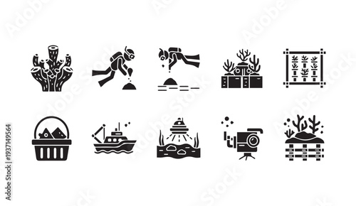 Black icons depicting ocean activities and marine life