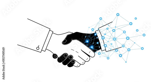 Two human hands shake in partnership, one hand depicted with a digital network structure representing technology integration and modern business agreement.