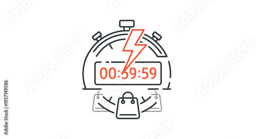 Stopwatch graphic displaying a countdown timer of 59 minutes and 59 seconds with an electric lightning bolt above a shopping bag icon indicating a limited time sale.