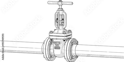 Industrial Gate Valve Technical Line Drawing Installed on Pipeline for Water Supply, Oil Gas System and Mechanical Engineering Illustration