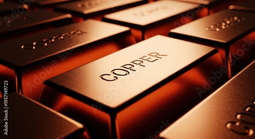 Stacked shiny copper bars glow with warm orange light in a close up cinematic view