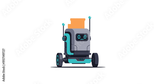 Autonomous delivery robot with wheels and antennae carries packages on its top surface for automated logistics service.
