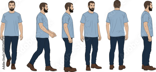 Male Character Walking and Standing Poses Set with Front, Side and Back Views for Animation, Character Design and Motion Study