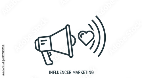 Megaphone icon broadcasts positive audience engagement symbolized by a heart shape and sound waves indicating digital influence marketing.