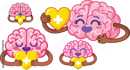 Cute cartoon pink human brain characters lovingly embracing and holding yellow hearts with white medical crosses on transparent background