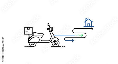 Scooter carrying a package moves toward a house icon along a dashed line path representing efficient last-mile delivery service logistics.