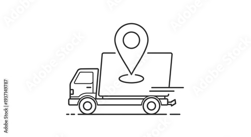 Delivery truck icon moves rapidly across a plane featuring a large map location pin indicating precise shipment tracking and final destination arrival.