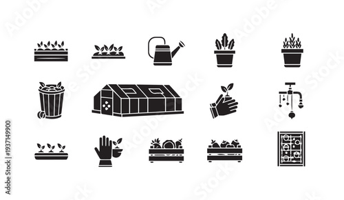 Set of modern black gardening icons for web design