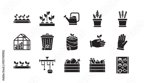 Set of gardening icons for sustainable living and eco friendly practices