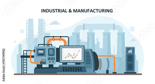 Industrial Manufacturing Automation and Data Monitoring System. Modern Factory Production Line with Smart Technology and Digital Control. Industry 4.0 Concept.