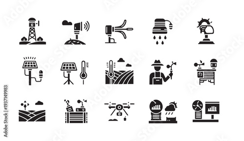 Weather monitoring and agricultural technology icons for modern farming