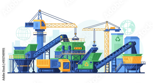Modern Industrial Waste Recycling Plant Illustration. Sustainable Processing Facility with Cranes, Conveyor Belts, and Green Technology.