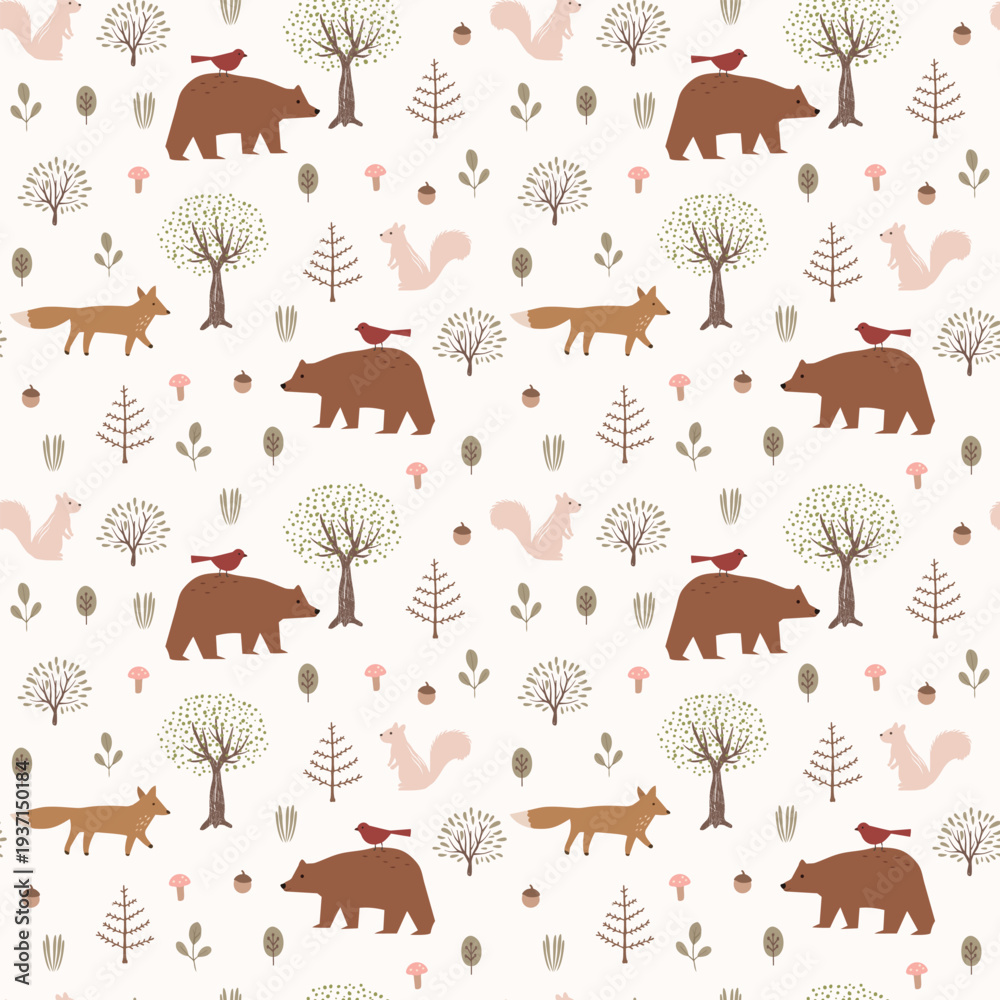Fototapeta premium woodland animals seamless pattern with bear fox squirrel forest trees