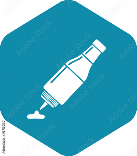 Glue bottle adhesive icon in blue hexagon representing crafting supplies, office tools, and DIY repair applications