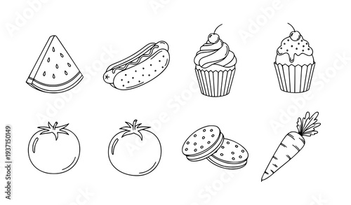 Hand Drawn Food Outline Icon Set Watermelon Hot Dog Cupcake Tomato Cookies and Carrot Vector