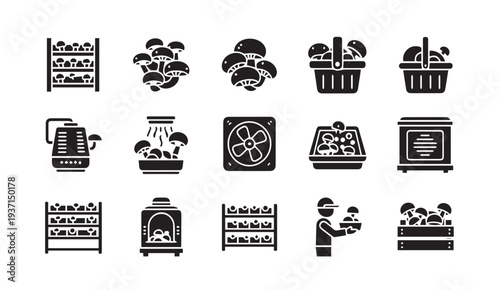Mushroom cultivation and preparation icons for food and agriculture concepts
