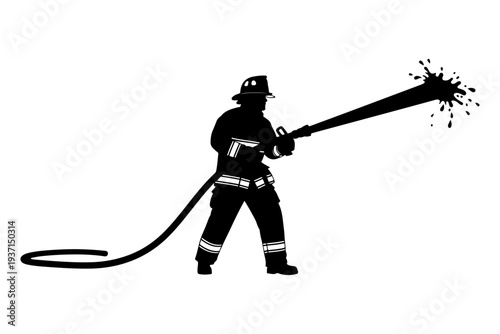 Firefighter rescue worker action silhouette vector illustration.
