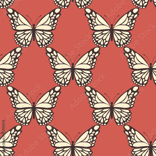 Seamless pattern with funny colorful Butterflies, flowers. Color flat vector illustration for invitation, poster, card, textile, fabric. Butterfly graphic design print. Trendy animal motif wallpaper.