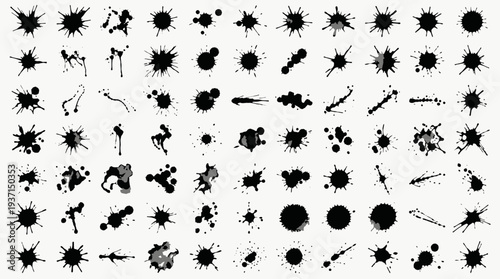 Collection of various black bullet impact splatters and holes on white background.