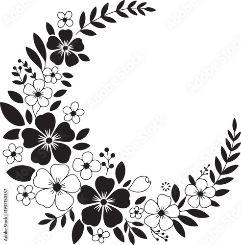 A beautiful crescent moon shape formed by black and white flowers with delicate leaves and buds