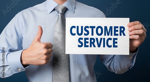 Customer Service Excellence: Man Giving Thumbs Up With Message.