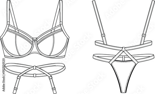 Women strappy lingerie set technical fashion illustration, bra garter belt and thong front and back view template sexy underwear line drawing