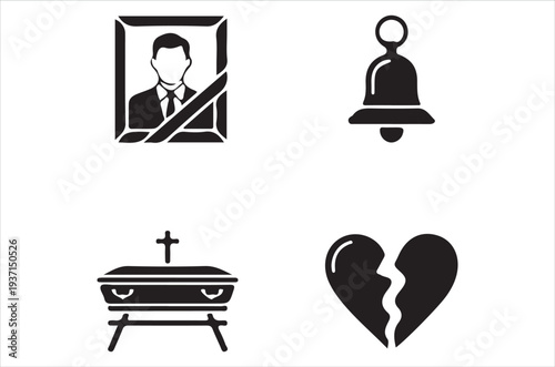 Symbols of grief and loss portrait bell coffin and broken heart