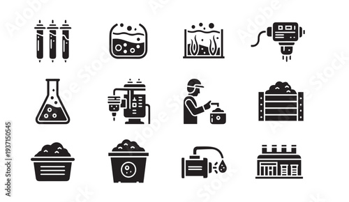Black icons of industrial and laboratory equipment on white background