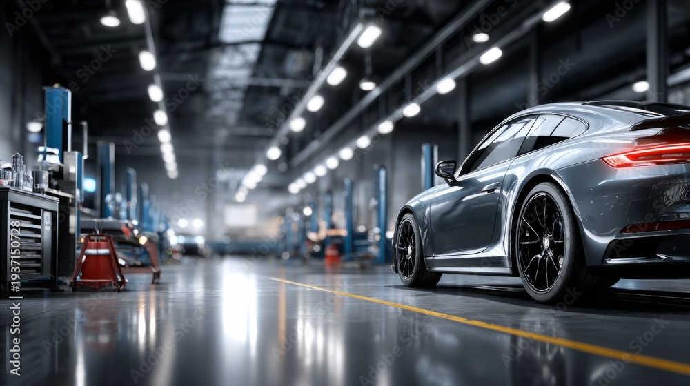 Fototapeta premium A sports car stands in a workshop with workers and tools in the background during daytime