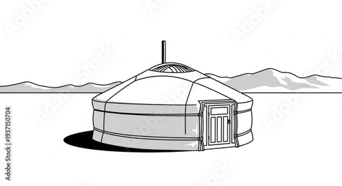 Simple illustration of a traditional yurt dwelling in a vast landscape setting.