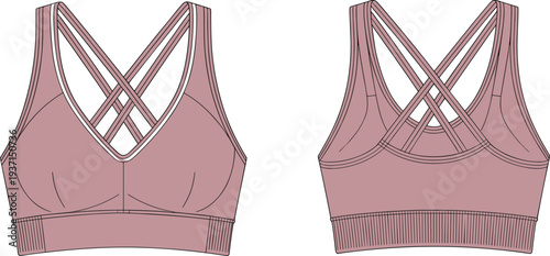 Women strappy sports bra front and back view technical fashion illustration, criss cross strap activewear bra design template fitness apparel