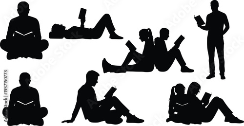 People Reading Books Silhouette Set Vector Illustration Students Sitting Standing Studying Literature Education Learning Concept Human Figures Collection
