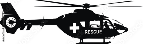 rescue helicopter silhouette vector illustration, emergency medical chopper aircraft icon, air ambulance transport vehicle, search and rescue aviation symbol, isolated black rotorcraft design