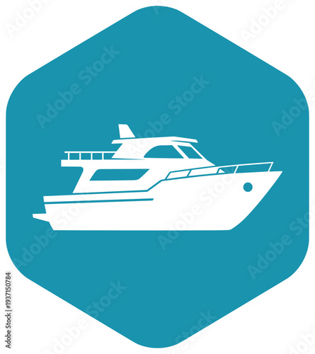 Luxury yacht boat icon in blue hexagon shape representing marine travel, leisure cruising, and nautical transportation design