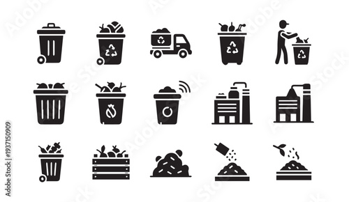 Black icons depicting various waste management and recycling concepts