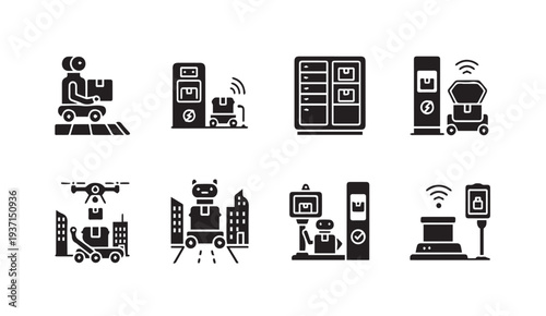 Modern logistics icons set with robots and delivery technology