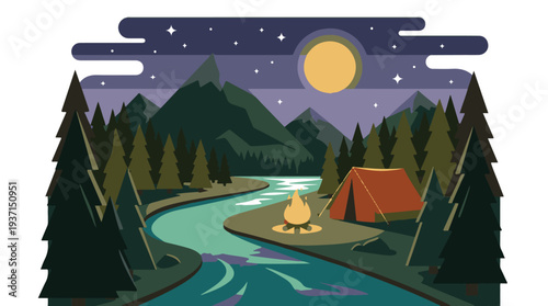Nighttime camping by a river with tent, campfire, mountains, and full moon.