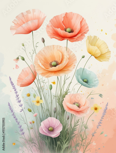 Vector illustration of red poppy flowers blooming in a spring meadow field with grass and sky suitable for floral design wallpaper or greeting card