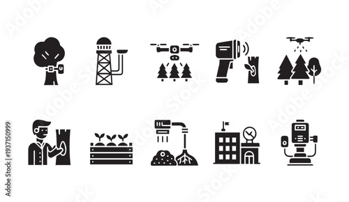 Black icons depicting eco friendly technology and industrial innovation