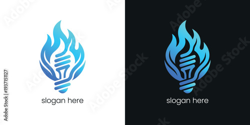 Creative light bulb logo design with blue flame and slogan.