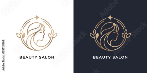 Elegant Beauty Salon Logo Design with Woman Silhouette and Floral Elements.