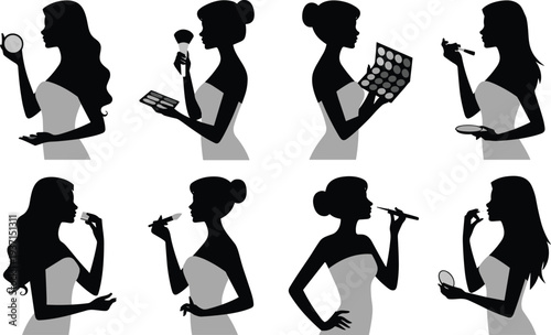 Beauty and makeup artist woman silhouettes set applying cosmetics with brush, lipstick and mirror, female cosmetic routine collection isolated vector illustration for fashion and salon design