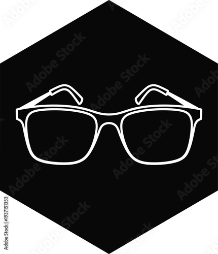 Minimal eyeglasses icon in black hexagon shape representing vision care, fashion accessories, optics branding, and modern UI design