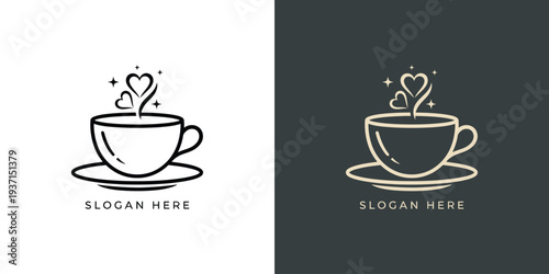 Elegant Coffee Cup Logo with HeartShaped Steam and Slogan.