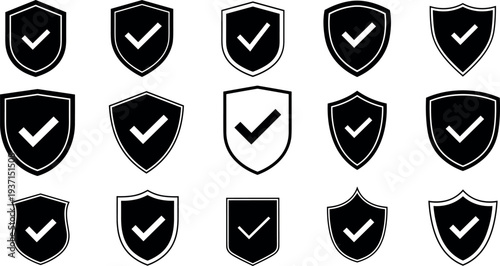 Security Shield Check Mark Icon Set with Protection Verification Symbols for Cyber Safety, Insurance Guarantee, Privacy Protection, and Trust Badge Design
