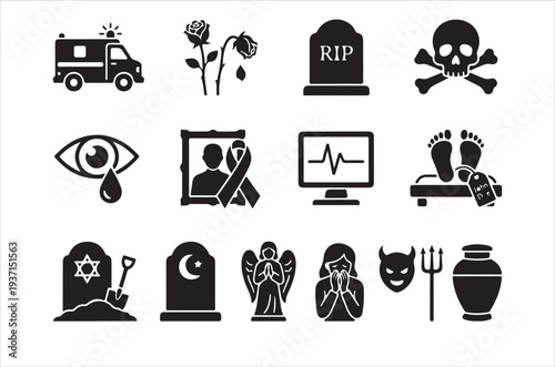 Collection of black silhouette icons depicting death mourning and related themes
