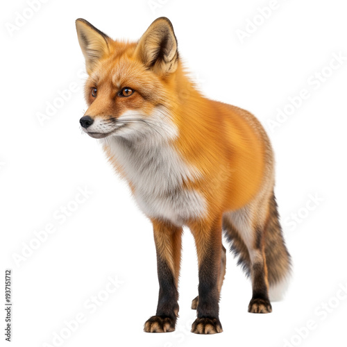 Majestic red fox standing alert with vibrant orange fur and white chest