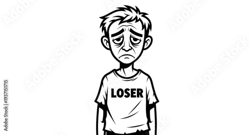 Sad boy wearing a loser shirt, looking down with a dejected expression.