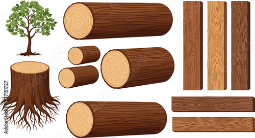 Tree, Wood Logs, Timber Planks and Tree Stump Set Showing Natural Forest Lumber Materials for Carpentry, Construction and Woodworking